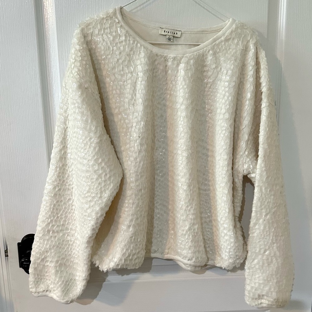 Stellah White Sequin Crew Neck Sweater XL